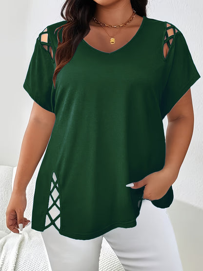 Plus Size Women'S Loose-Fitting Short-Sleeve V-Neck Tee - Stylish V-Neck Style Featuring Open Cross Elements. Perfect for Both Casual And Formal Settings During Spring And Summer, Making It Great for Everyday Wear And Special Events
