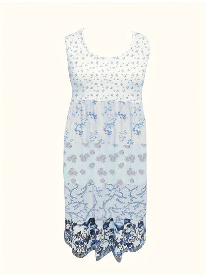 [Floral Print Vest Dress] Plus Size - Plus Size - Plus Size Floral Print Elegant Vest Dress - Sleeveless Round Neck Midi Dress in Vacation Style, Perfect for Women's Casual Outings
