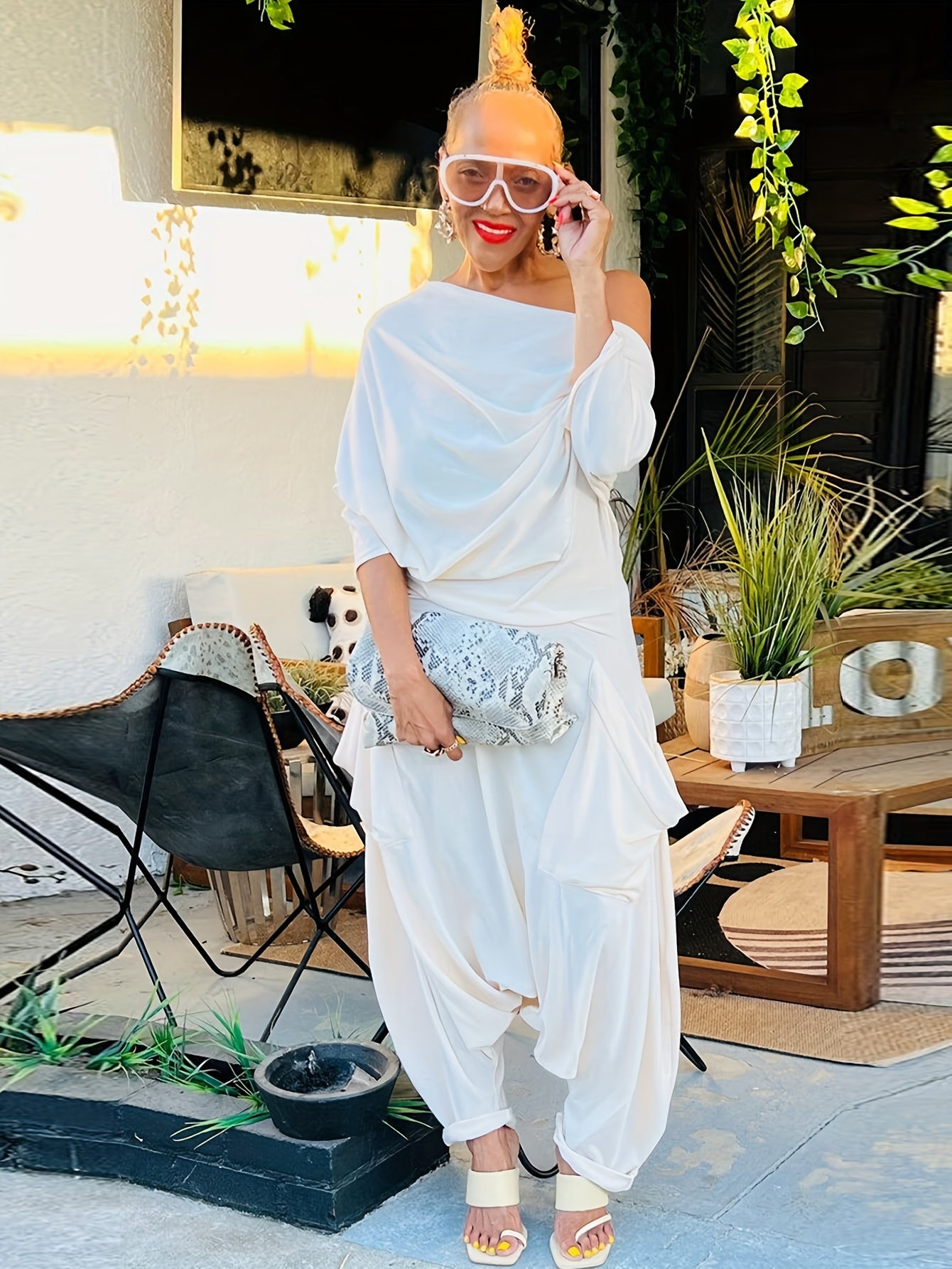 [Elegant Style] Women's Off the Shoulder Haren Jumpsuit, Polyester Knit Fabric, Solid Color, Casual Streetwear Style, with Pockets for Spring/Summer/Fall, Fall Clothing|Hiphop Style Outfit|Comfortable Wear