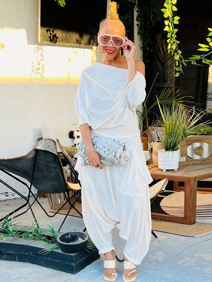[Elegant Style] Women's Off the Shoulder Haren Jumpsuit, Polyester Knit Fabric, Solid Color, Casual Streetwear Style, with Pockets for Spring/Summer/Fall, Fall Clothing|Hiphop Style Outfit|Comfortable Wear