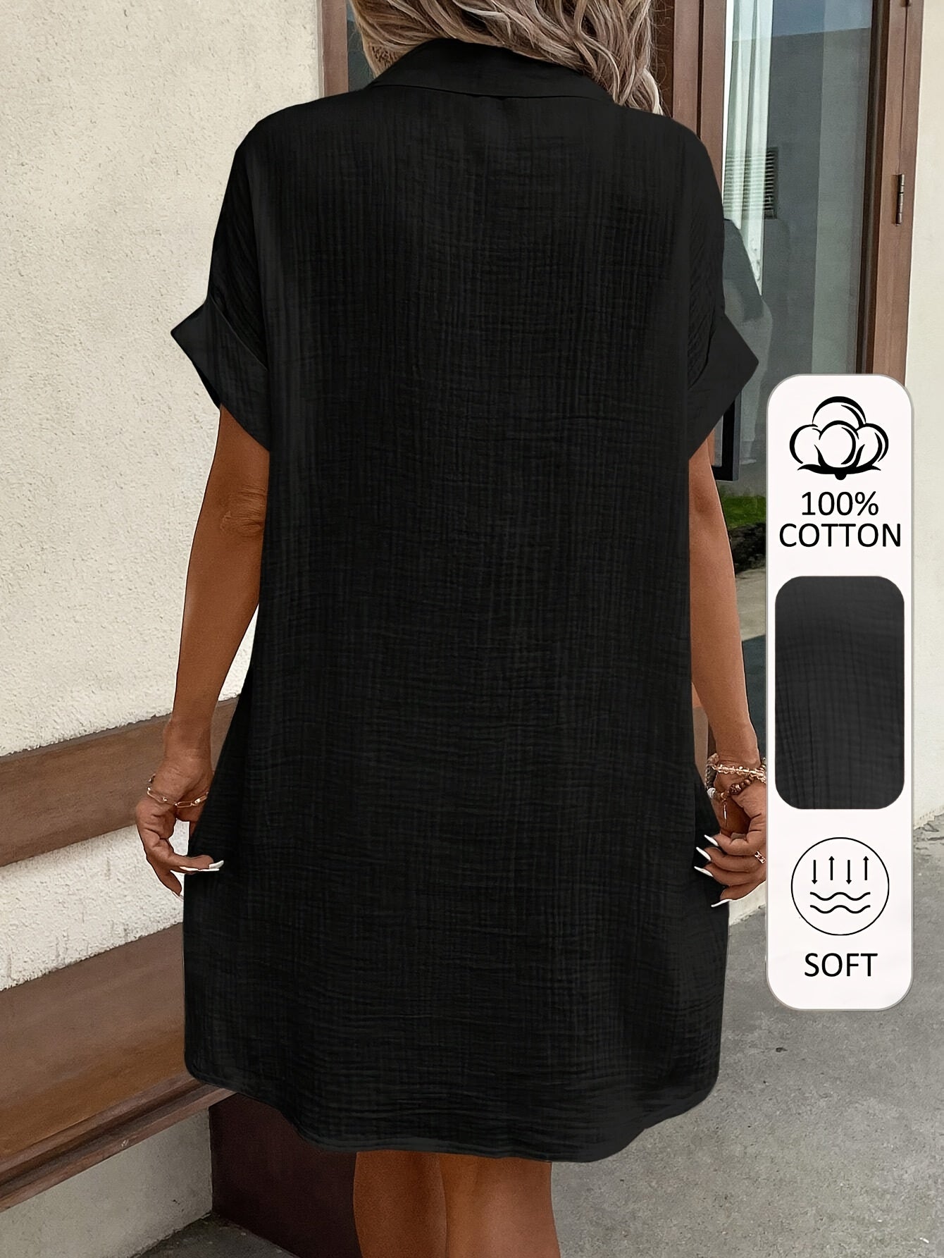 Women's 100% V-Neck Short Sleeve A-Line Dress - Button-Front Blouse Dress, Soft Breathable Casual to Semi-Formal Wear, Machine Washable All-Season Outfit (No) - Pure Shirt Dress