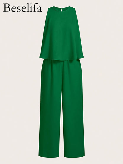 New Summer Elegant Round Neck Sleeveless Loose Hem Cropped Top Straight Trousers Women'S Two-Piece Set