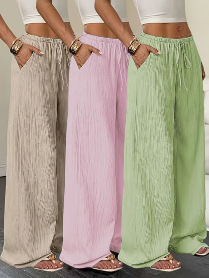Women's 3pcs Elegant Casual Wide-leg Trousers, Straight Leg Design, Suitable for All Seasons, Adult Fit, All-season Trousers, Loose Fit, Comfortable and Flattering.