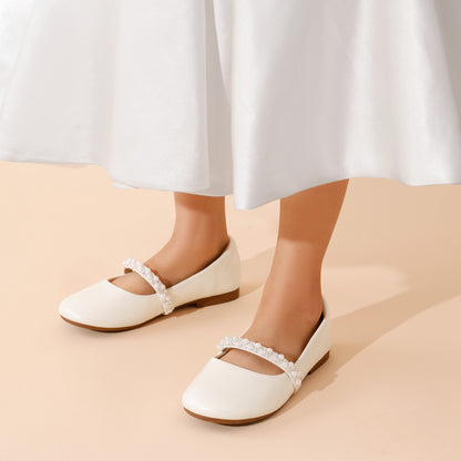 Girls Mary Jane Dress Shoes Ballerina Flats with Rhinestone & Pearl Sparkle Suitable for Wedding, Party, Communion - Sole & TPR Cushioned Footbed, Low-Top Round Toe Dress Shoes for Toddler/Little Kid/Big Kid (Year-Round Comfort)