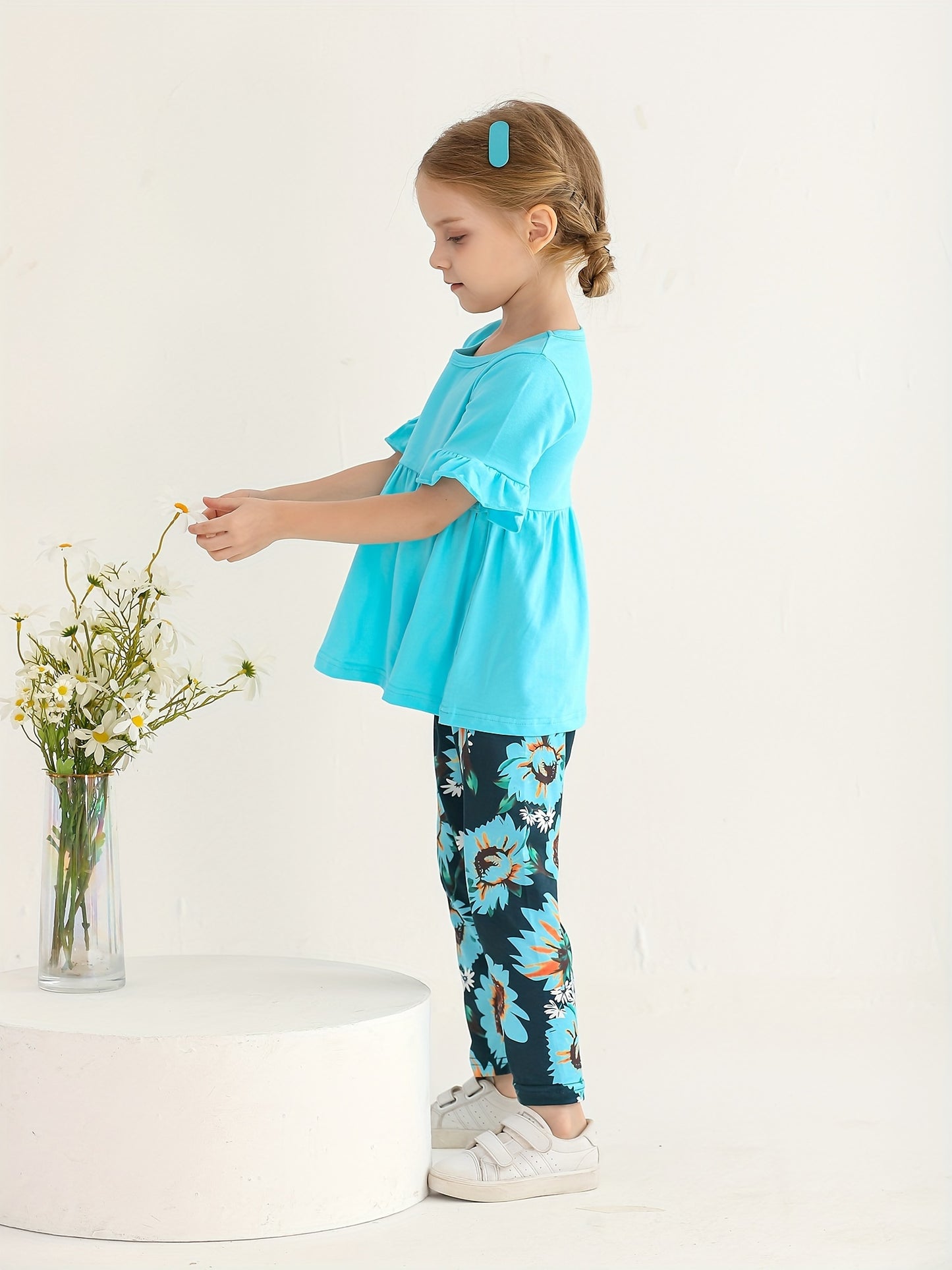 KuKitty Toddler Baby Girl Clothes Solid Color Flared Sleeve Ruffle Tops Sunflower Print Pants Outfits Set, Perfect for Outdoor