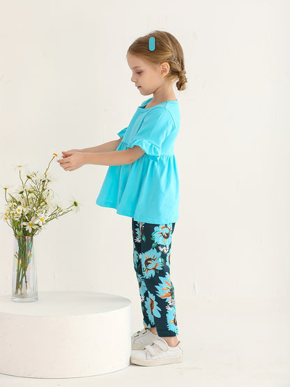 KuKitty Toddler Baby Girl Clothes Solid Color Flared Sleeve Ruffle Tops Sunflower Print Pants Outfits Set, Perfect for Outdoor