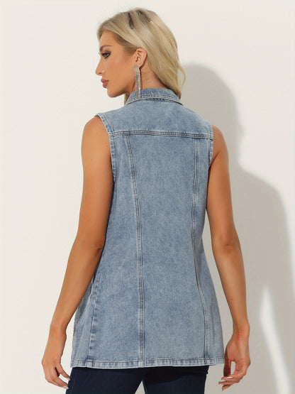 Women'S Denim Vest Sleeveless Button Waistcoat Casual Long Jean Vests