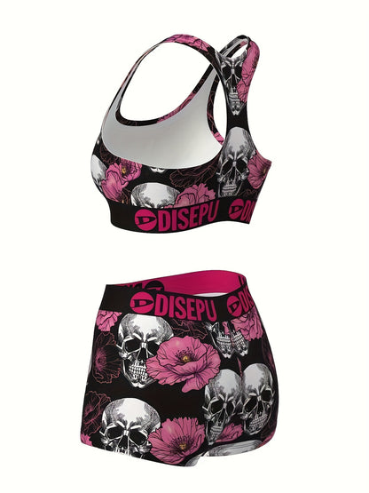 Women's Skull And Pink Flower Print Sports Bra And Shorts Set, Gothic Floral Activewear for Gym, Yoga, Running, Swimming, Halloween Workout, 2pcs Athletic Set, High Stretch Fitness Outfit, Breathable Gymwear, Goth Stylish Loungewear for Daily Use