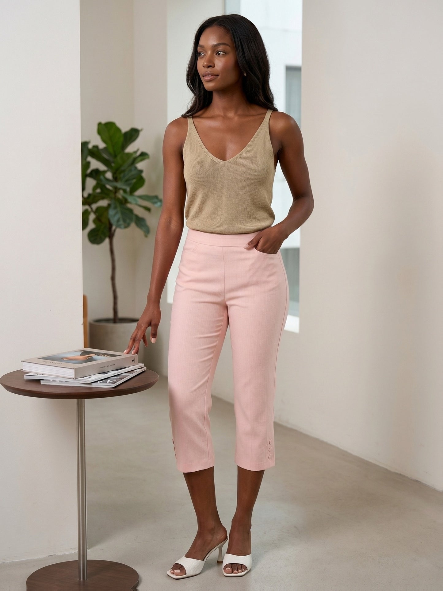 Women'S High-waisted Slim-fitting Capri Pants, Suitable For, Work And Daily Wear, With Pockets