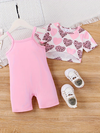 1set Baby Girl Valentine'S Day Heart Print Short Sleeve Top and Pink Romper Set, Casual Summer Outfit, Knitted Polyester Fabric, Stretchy Regular Fit Shortsuit, for Outdoor