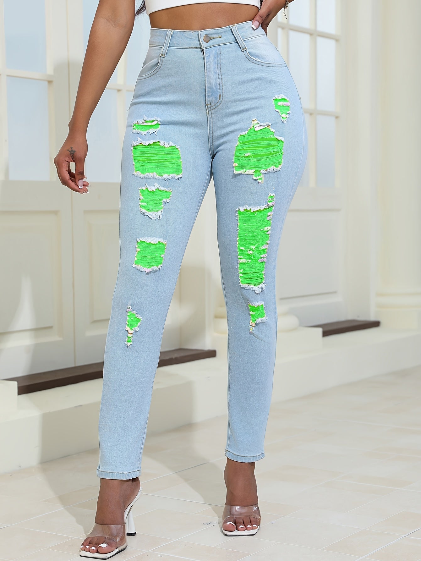 Women Distressed Jeans Women`S Waist Stretch Denim Pants Color Ripped Yellow Detail Skinny Jean for Women