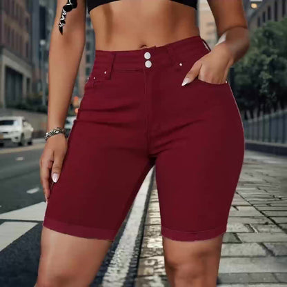 Elegant White Denim Shorts for Women Featuring a Double-Breasted Design, Multi-Rivet Details, And a Flattering Fit That Lifts The Backside. These Shorts Are Made from High-Stretch Fabric, Have a Button Fly Closure