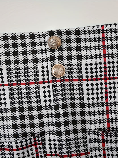 Plaid Pattern Button Elegant Skirt Set, Lapel Collar Long Sleeve Blazer & High Waist Skirt Outfits for Spring & Fall, Women's Clothing
