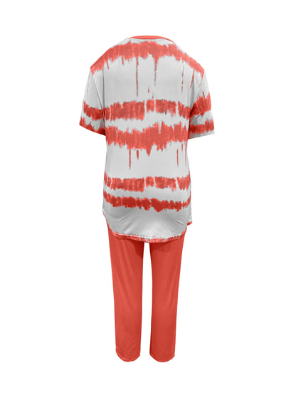 Plus Size, Ladies Plus Size Daily Fashion And Leisure Suit, Horizontal Wavy Striped Printed T-shirt with Short Sleeves And Pocket Trousers, Ladies Elegant Suit.
