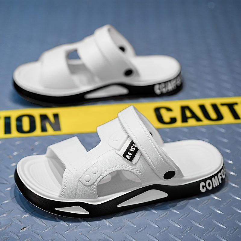 RECOMFOX Men'S EVA Slides - Comfortable, Non-Slip, Open-Toe Slippers with Arch Support for Indoor & Outdoor Use - Stylish Black with Red Accents for Beach, Shower, and Casual Wear