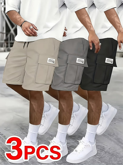 3pcs Men's Cargo Shorts, Casual Athletic Shorts - Multi-Pocket Ripstop, (Includes Wristband) Adjustable Waist (Black, Gray, Khaki) - Outdoor & Travel