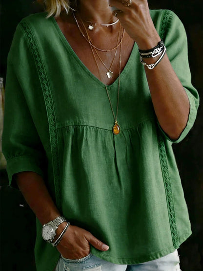 Women'S V-neck Loose-fit Top With Lace Panels; Elegant Design, Three-quarter-length Puff Sleeves, Lace Cut-out Detailing At The Sides, Figure-flattering Cut That Conceals The Tummy; Perfect For Bohemian-inspired Office Wear