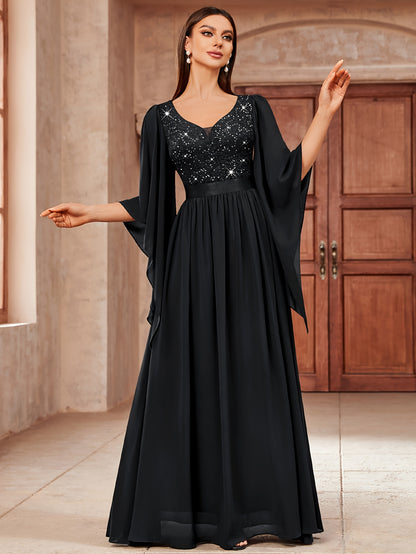 53303 Elegant Women's Lace & Sequin Bridesmaid Dress - A-Line Maxi Wedding Gown with 3/4 Bell Sleeves, V-Neck Color-Block (Bodice &), Machine Washable Bridesmaids Gown for Weddings, Parties, Prom