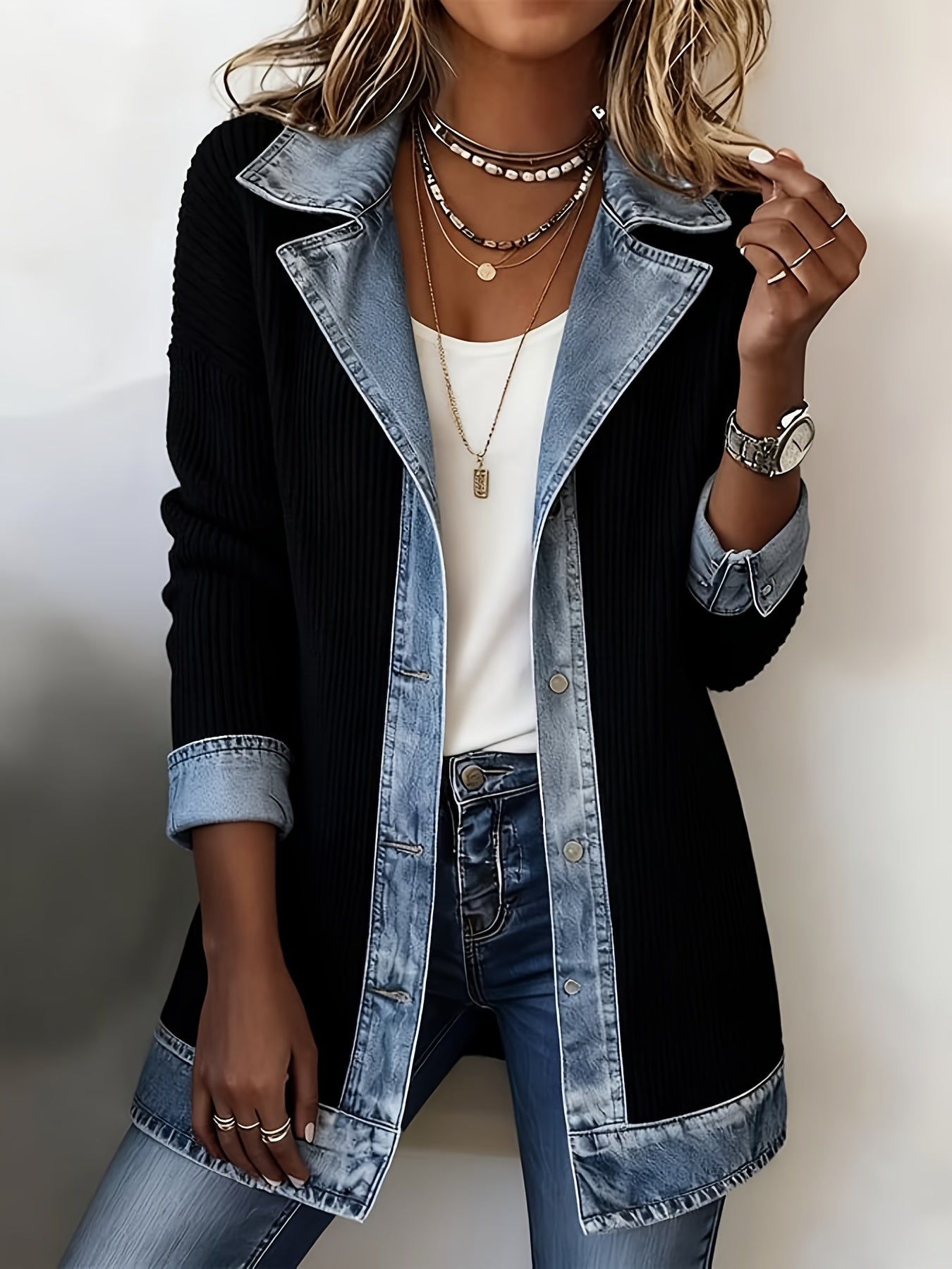 Casual Denim Patchwork Jacket with Loose Collar And Cardigan Top for Women | Long Sleeve, Single Breasted, Skinny Fit, Fall/Winter Collection