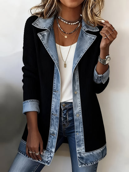 Casual Denim Patchwork Jacket with Loose Collar And Cardigan Top for Women | Long Sleeve, Single Breasted, Skinny Fit, Fall/Winter Collection