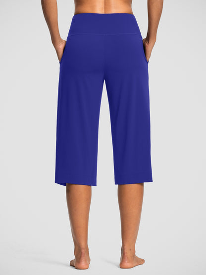 18'' Women's High-Waisted Wide Leg Yoga Capri Pants with Elastic Waist - Loose Comfortable Stretchable Soft Pants Suitable for Yoga, Workout, Casual & for Business Occasions - Spring Summer Fall Wearable with Practical Pockets (No Needed)