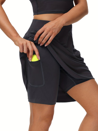Tennis Sports Mid-Length Skorts, Soft Breathable Quick Drying Yoga Fitness Golf Skirts with Phone Pocket