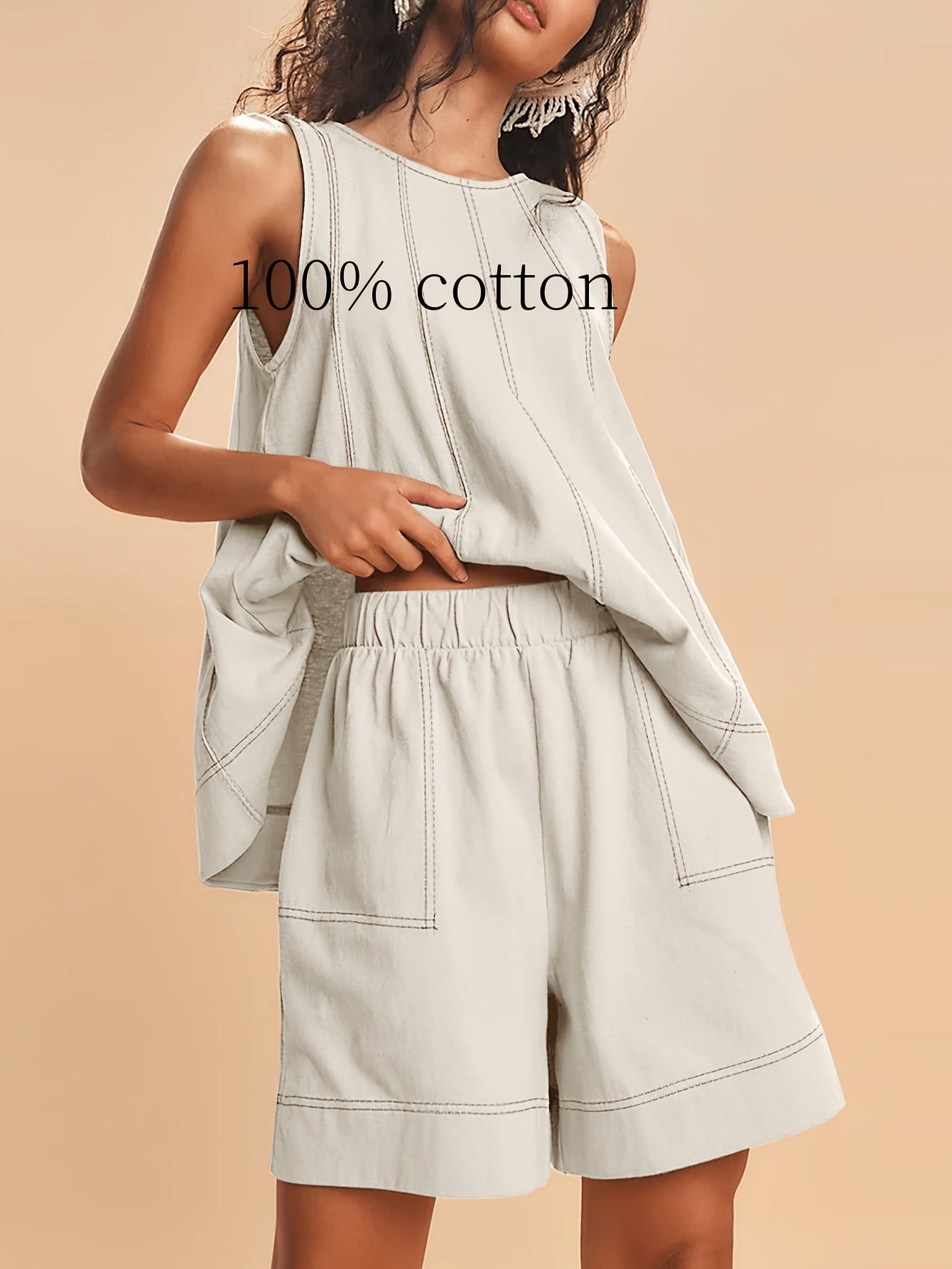 Womens 2pcs Outfits Sleeveless Matching Sets A Line Tank Tops Contrast Stitching High Waist Shorts with Pockets
