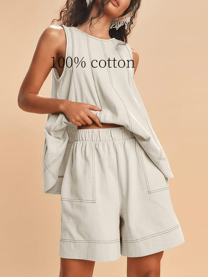 Womens 2pcs Outfits Sleeveless Matching Sets A Line Tank Tops Contrast Stitching High Waist Shorts with Pockets