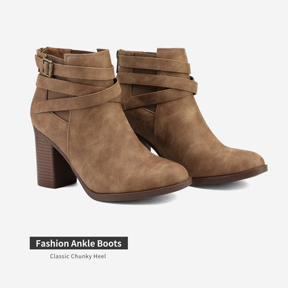 Women's Chunky High Heel Ankle Boots, Close Toe Fall Heeled Booties Shoes