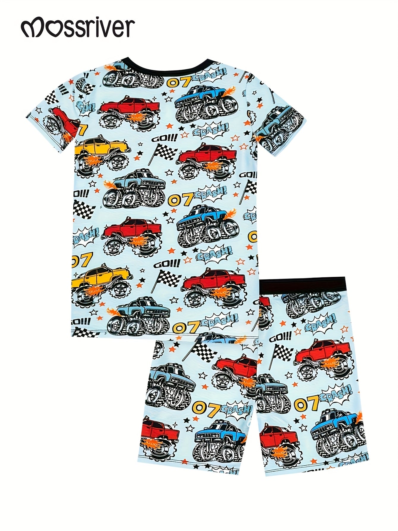 Moss River Boys Short Sleeve Shorts Family Pajamas Set, Cartoon Off-Road Vehicle Covered with Printed Patterns, Soft Bamboo Fiber, Round Neck, Boys Cozy Home Outfit & Great Gift Idea, Set Perfect for Little Boys Who Love Monster Truck