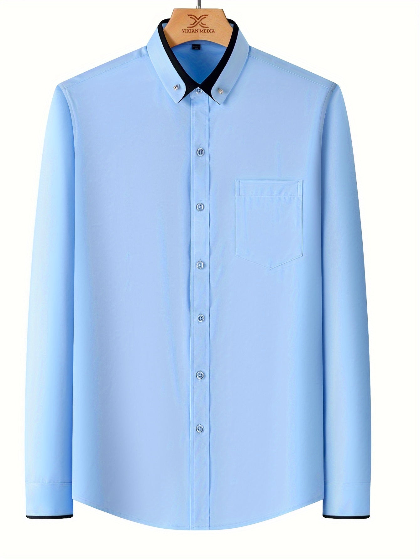 Color Block Fold-Up Collar Crystal Buckle Formal Shirt Men'S Long Sleeve Contrast Color Stretch Iron-Free Business Casual Top with Loan Fashion Cardigan Shirt
