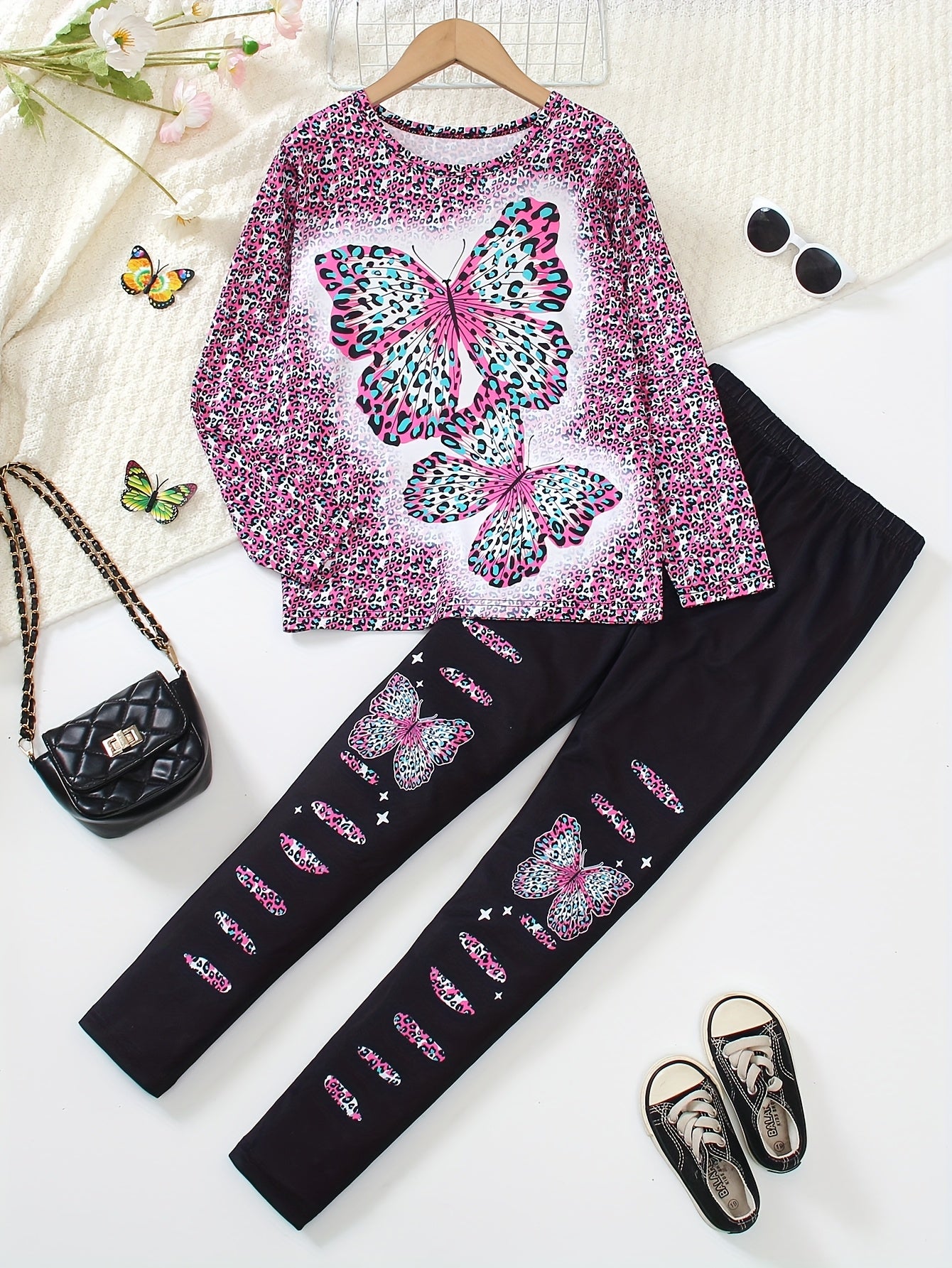 Girls' 2pcs Set Long Sleeve Top and Jeggings with Butterfly & Leopard Print, Crew Neck Pullover, Regular Fit Knit Polyester 95% with 5% Elastane, Long Length, for Spring/Fall Casual Wear, for Outdoor, Perfect for Outdoor