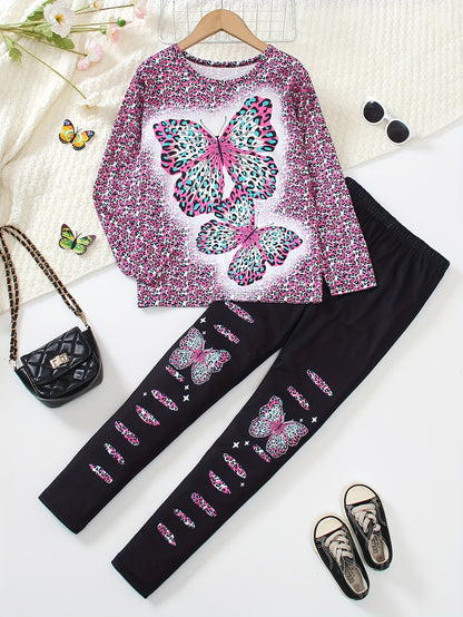 Girls' 2pcs Set Long Sleeve Top and Jeggings with Butterfly & Leopard Print, Crew Neck Pullover, Regular Fit Knit Polyester 95% with 5% Elastane, Long Length, for Spring/Fall Casual Wear, for Outdoor, Perfect for Outdoor