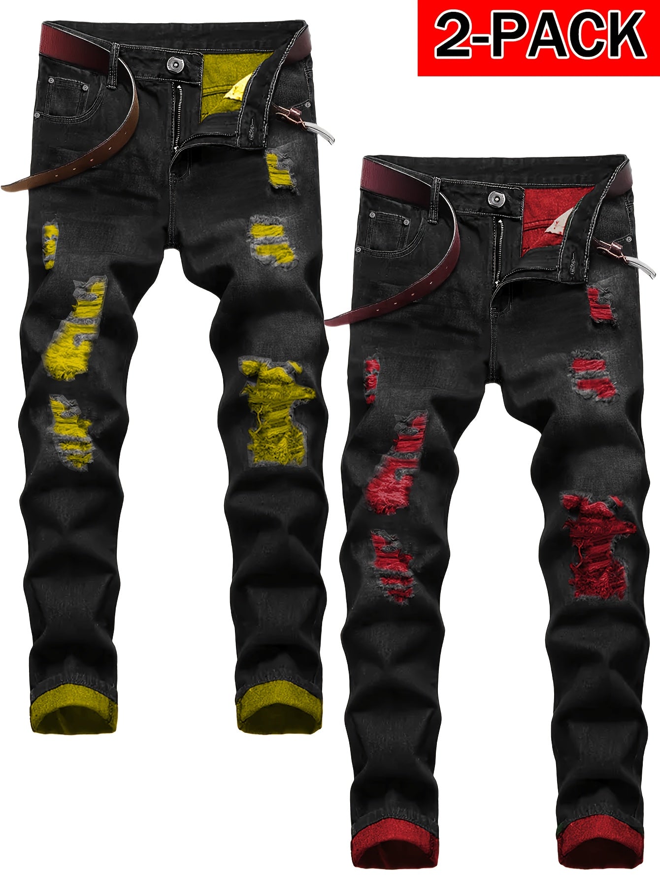 New Spring Style Two-Pack Men'S Jeans: Trendy Ripped Jeans, Black Retro Colorful Casual Pants, Perfect Valentine'S Day Gift