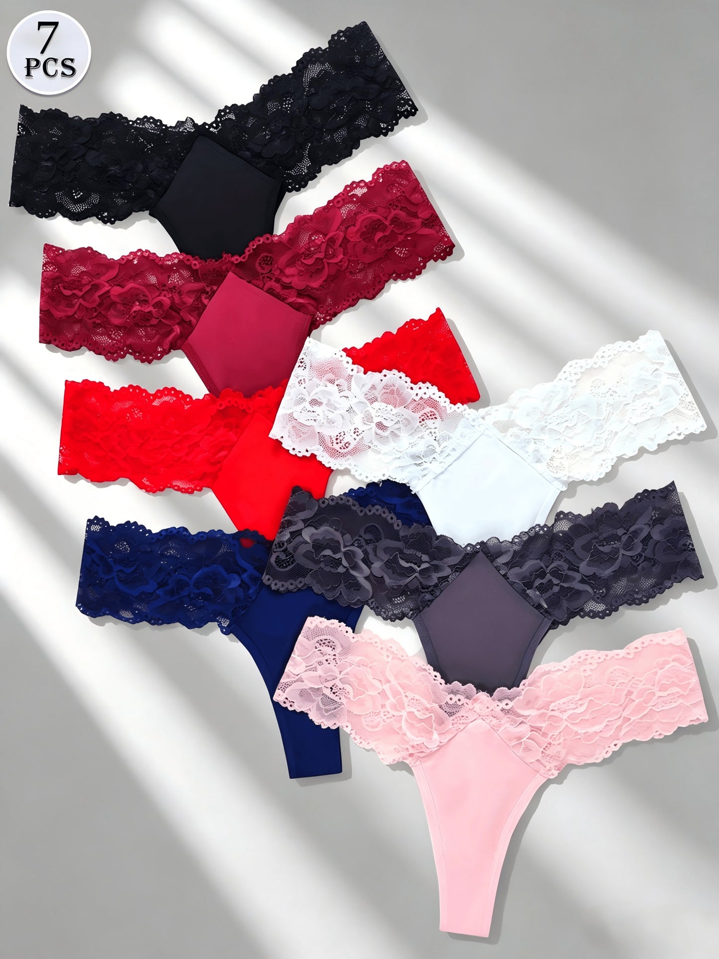 [7pcs Lace Thong Underwear] 7pcs Women's Sexy Semi-Sheer Lace Thong Underwear - Low-Rise Bikini Panties with -String, Soft Breathable G-String Suitable for Mature Ladies, Elegant Lace Trim Bikini Briefs, Hand Washable Low-Rise Tanga for Romantic Dates & C