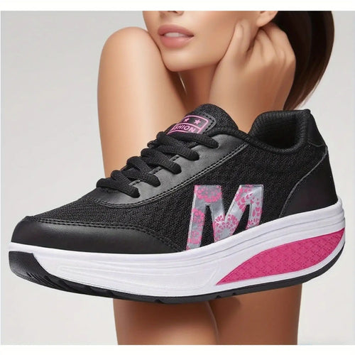 1 Pair Women'S Stylish Wedge Sneakers with Breathable Mesh & PU Cover Upper, Vibrant Pink Letter "M" Floral Print & Accent - Comfortable Lace-Up Low-Top Platform Shoes with Arch Support, Cushioned Insole & Non-Slip Rubber Sole for Gym, Walking