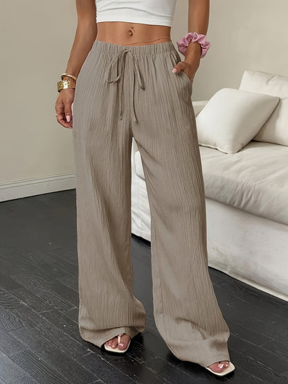 3pcs Elegant Ladies' Pants Set - Elegant Casual Solid Color Wide Leg Trousers, Versatile High-Waisted Pants for Spring & Summer, Perfect for Daily Wear And Vacation, Summer Vacation Beach Flowy Trousers with Pockets