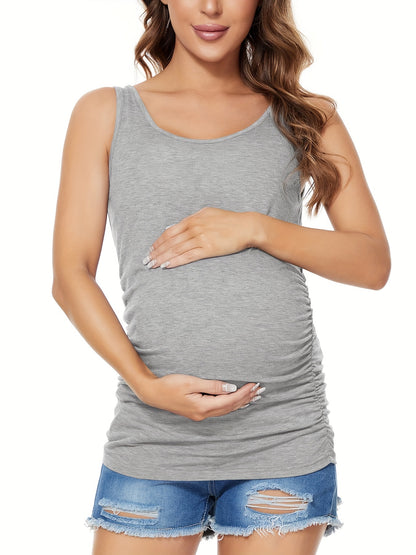 Women's Full Bump Coverage Maternity Tank Top - All-Stage Pregnancy Shirt with Side Ruching & Scoop Neck, Stretchy Rayon-Spandex Sleeveless Nursing Vest for Postpartum Wear, Breathable Belly-Friendly T-Shirt (No Chest Pads)