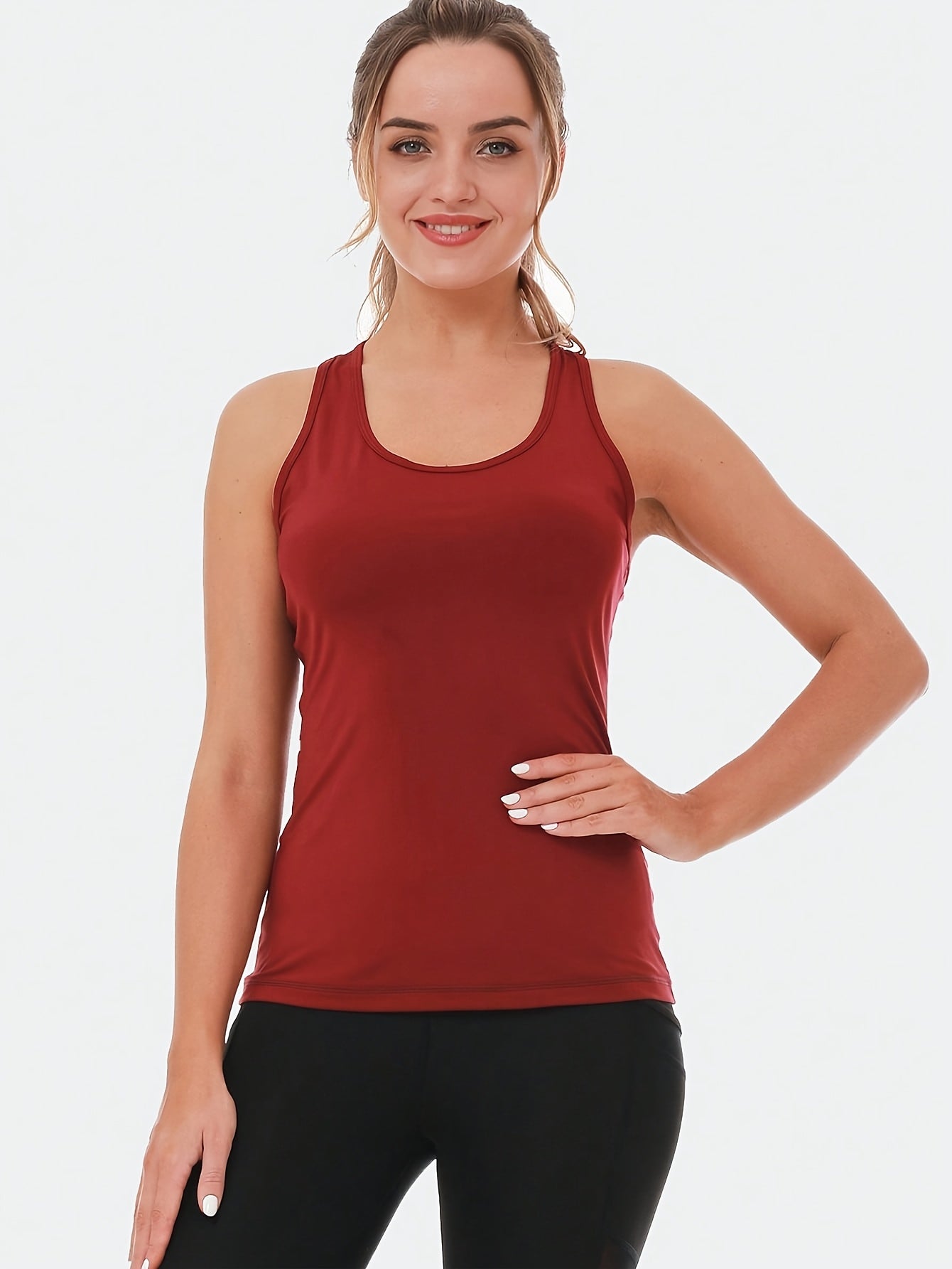 5 Packs Women's Round Neck Y Top, Mid-Stretch Solid Color Racer Back Tank Top