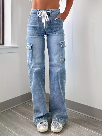 Women's Casual Fashion Denim Fabric Sweatpants Jeans - 2025 New Style Straight-leg with Laces and Multiple Pockets, Fit Womenswear