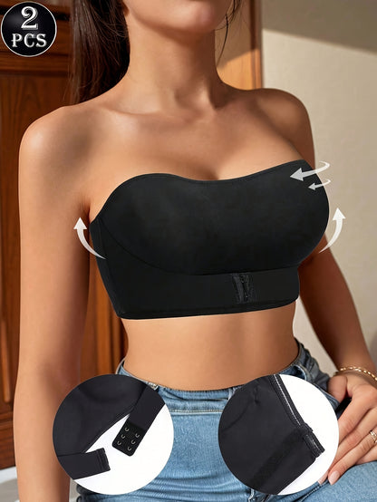 2pcs Strapless Bandeau Bras Tube Top Front Closure Wireless Bra Summer Traceless Bras Solid Seamless Bra Sexy Comfy Push Up Bra Women's Smoothing Backless Tube Top Lingerie Woman Underwear Bralette Brad