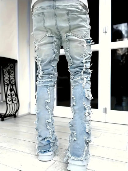 (Available In Five Colors) Teenager Ripped Jeans, Retro Street Style, High Street Patch Fabric, Popular Ripped Jeans, Fashionable Splicing, Slim Fit Jeans, Versatile Straight Jeans 1pc, Perfect for Outdoor, for Teenager