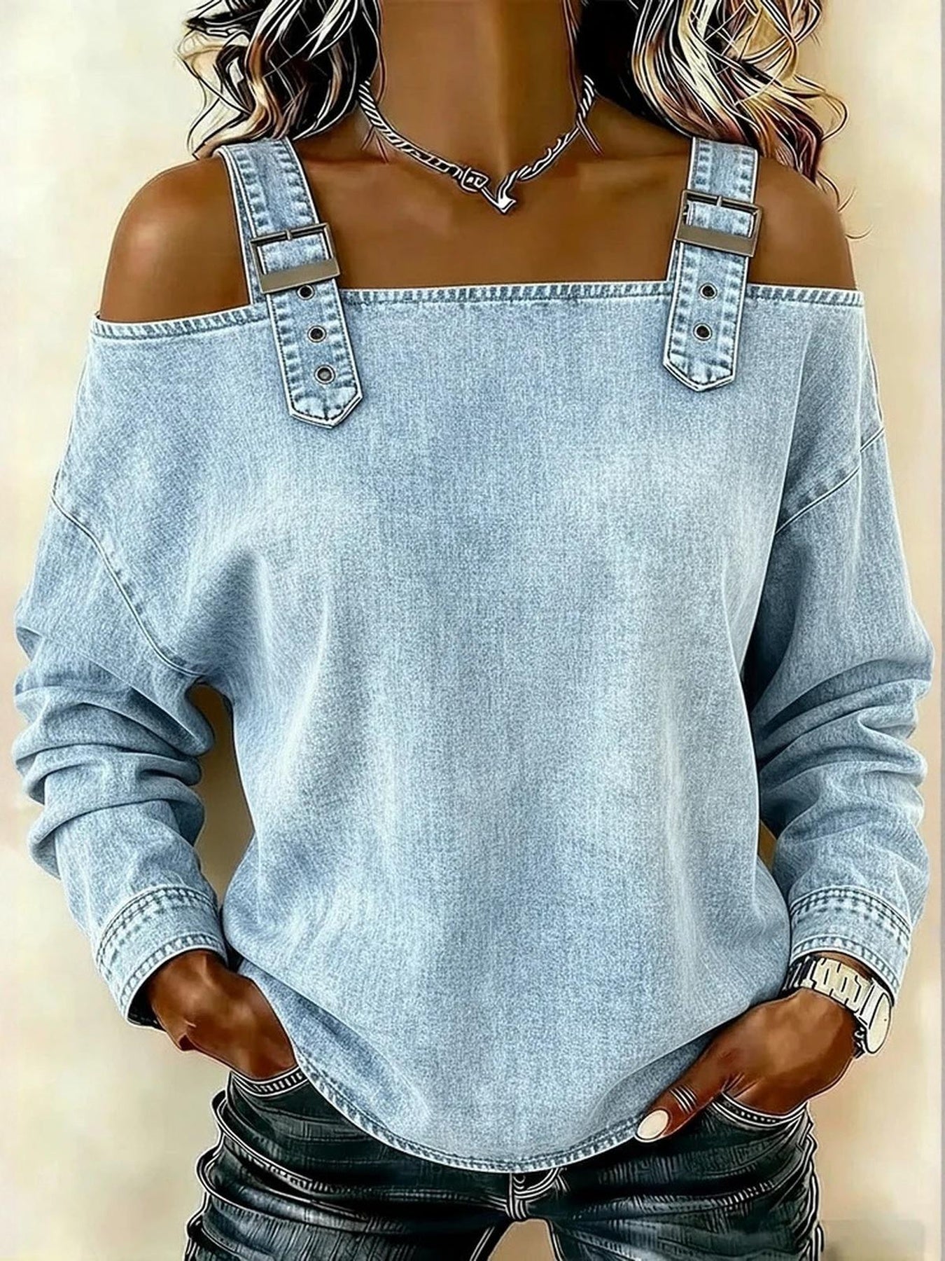 Women's Dress T-shirt with Elegant Style and Versatile Fit, Single-strap Collar, Shoulder Straps, Long-sleeved Top. Fashionable and Elegant for Women, Trendy.