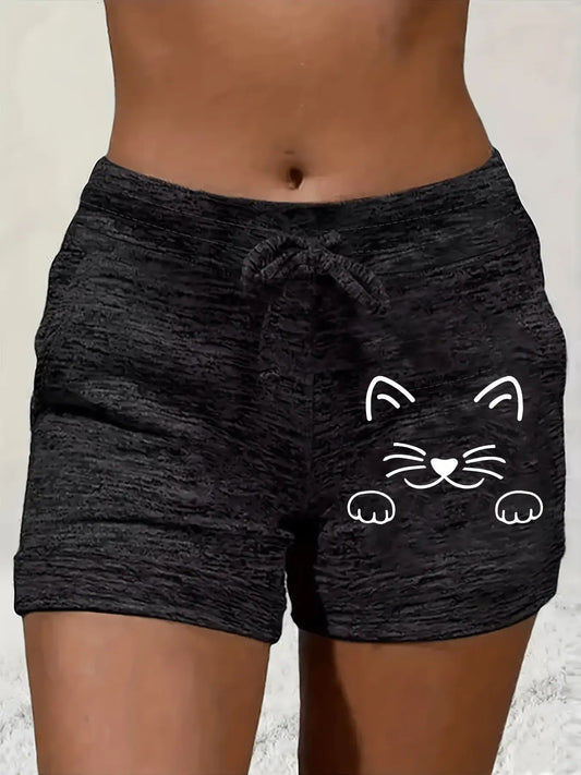 Casual Women'S Shorts Featuring a Printed Cat Face Design with Cartoonish Facial Features And a Drawstring for Comfort