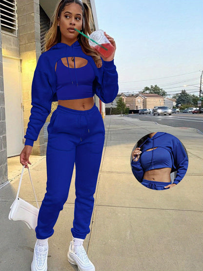 Women'S 3pcs Sweatsuits Sets Sexy Super Cropped Hoodie Tank Top And High Waisted Jogger Sweatpants Matching Loungewear Athleisure Outfits