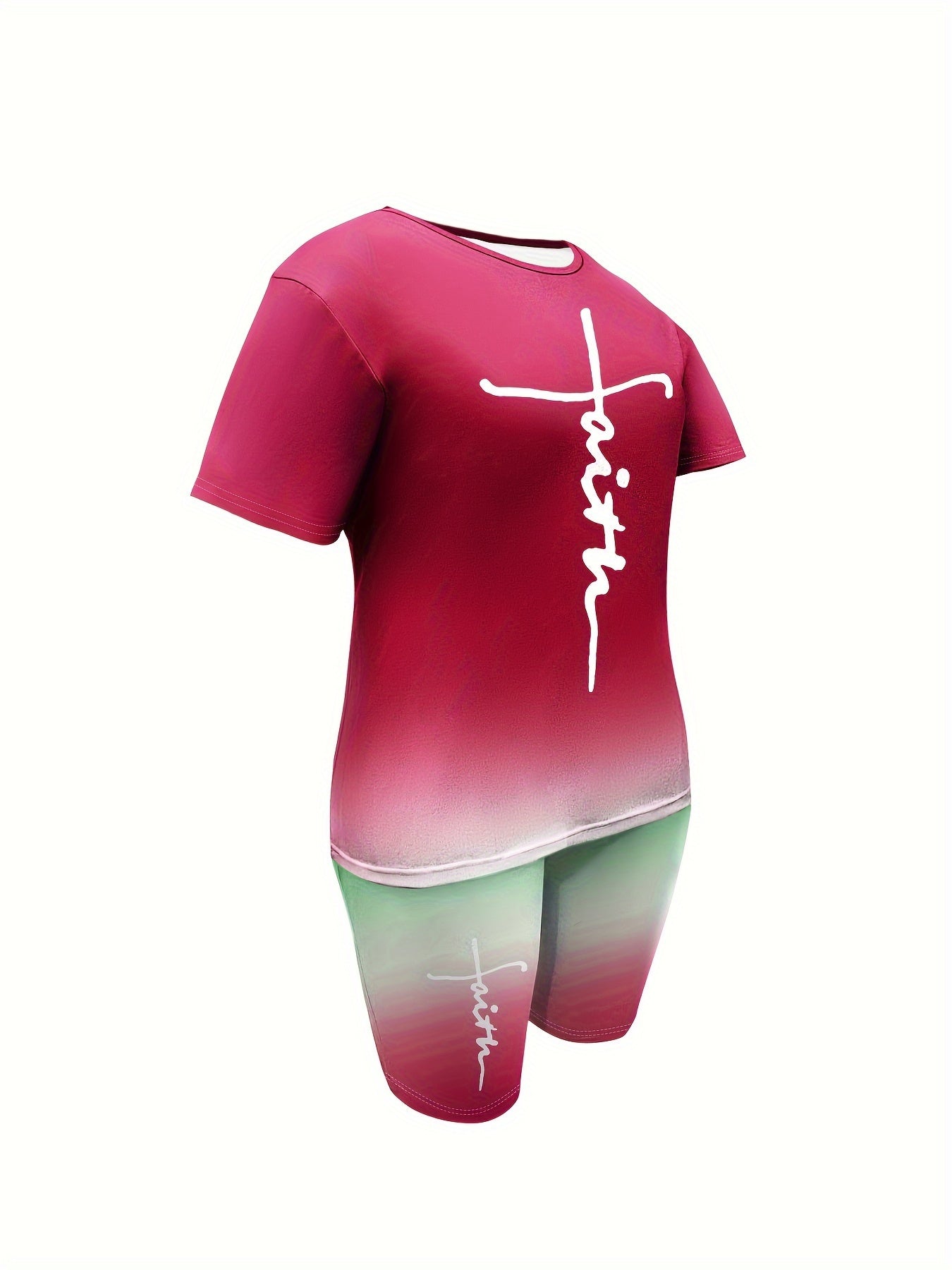Plus Size Faith Print Casual Shorts Set, Crew Neck Short Sleeve Top & Shorts Outfits for Spring & Summer, Women's Plus Size Clothing