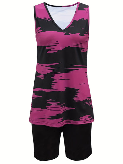 Set of a Sleeveless Tank Top with a V-Neck for Women And Fitted Shorts in a Solid Color