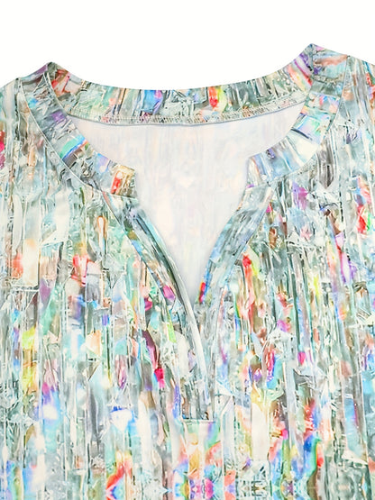 Allover Print Notched Neck T-shirt, Casual Short Sleeve Top For Spring & Summer, Women's Clothing