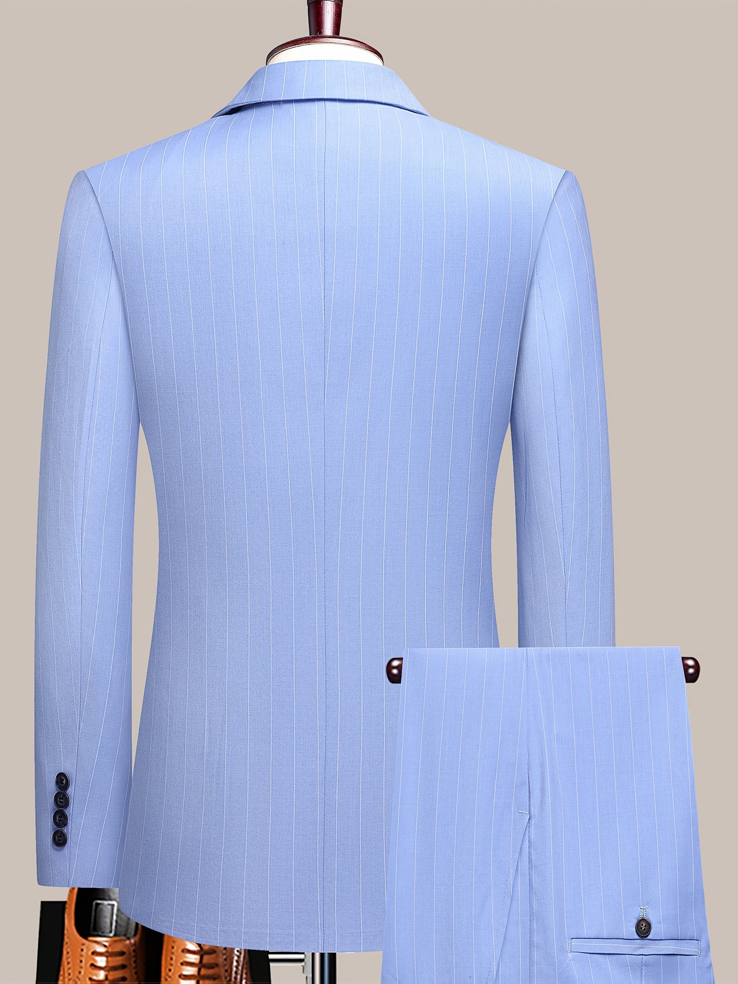 Latest Men's Suit Striped Double-Breasted Suit Spring/ Summer/ Autumn Thin Two-Piece Set with Frill Collar Striped Style Four Buttons Suit Business And Casual Dress Collar Necklace Decoration Slimming Dress Casual Suit White Suit