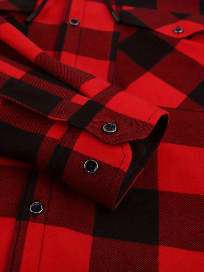 New Men'S Plaid Hooded Long-Sleeved Shirt Outdoor Casual Shirt Jacket | Flannel with Pocket Double Bag Double | Inner Lining Is Thickened | Thermal Shirt